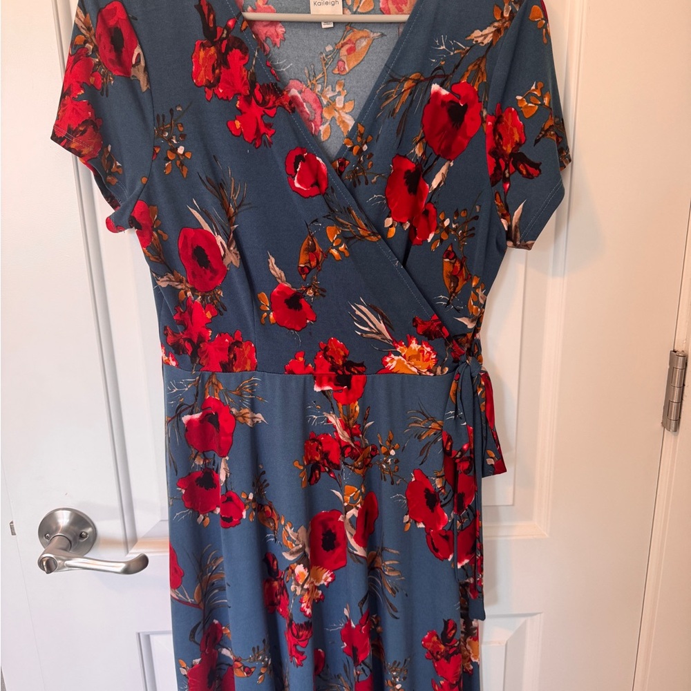 Kaileigh Red and Gray Wrap Sundress V-Neck Midi